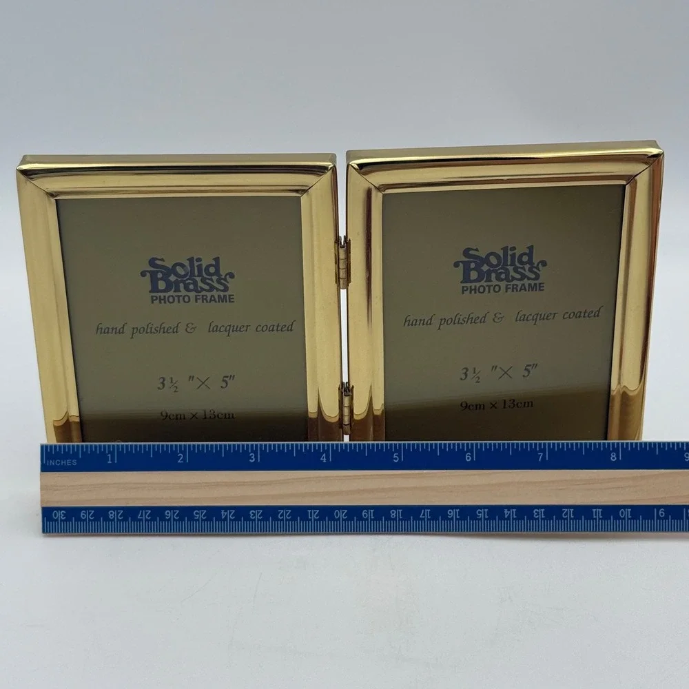 Solid Brass Double Photo Frame Hinged Folding Gold 3.5x5 Hand Polished Lacquer